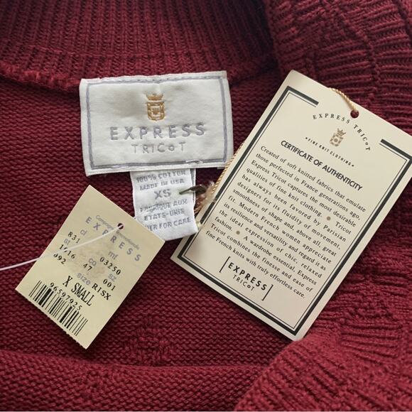 Vintage Express Sweater Tricot Burnt Red Cotton Knit Textured Scoop Neck XS NEW - Picture 2 of 12